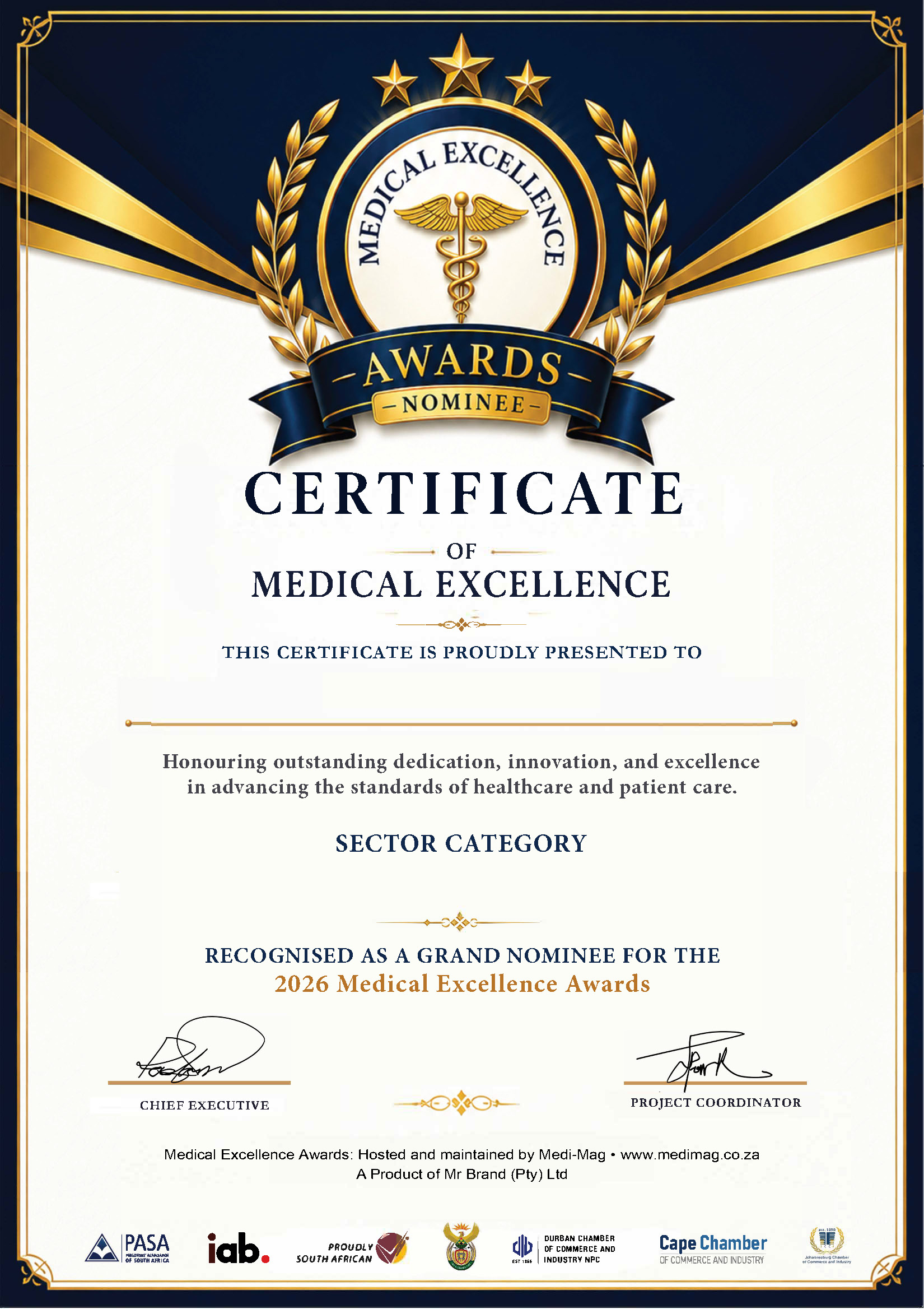 Medical Excellence Awards Certificate